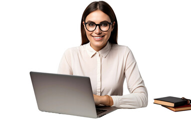 Smiling woman using a laptop for creative work isolated on transparent background.