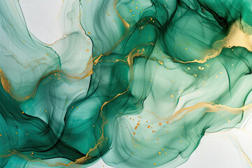 Emerald green fluid art with golden swirls in a tender wallpaper
