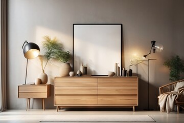 Wooden cabinet dresser against concrete wall. ai generative