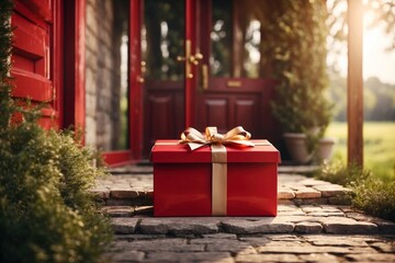 Fototapeta na wymiar Elegant gift red box shop delivery, postal service and luxury online shopping. ai generative