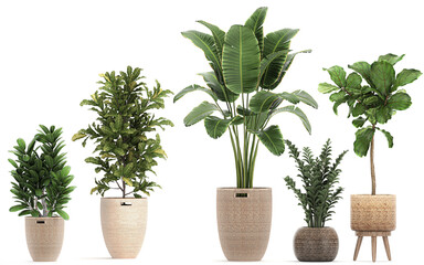 3D digital render of plant in baskets and pots isolated on white background