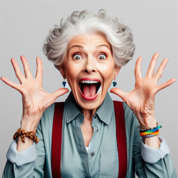 Excited crazy stylish grandmother with open mouth listening to good news. ai generative