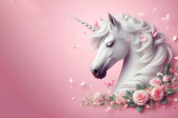 Obraz na płótnie Canvas white unicorn portrait, panoramic pink layout. ai generative