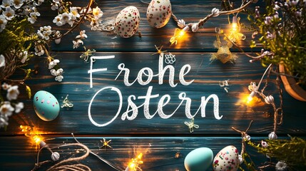 'Frohe Ostern' Chalk Calligraphy on a wooden Background with colorful Easter Eggs. Template for a Easter Greeting Card