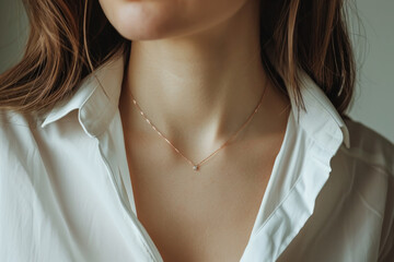 Woman wearing  a minimalistic necklace with small diamond 