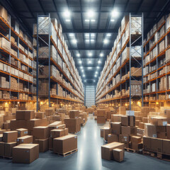 large warehouse with card boxes products goods stock factory inventory storage area for background. ai generative - obrazy, fototapety, plakaty