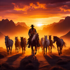 Photo of A cowboy leading a group of horses at sunset. ai generative