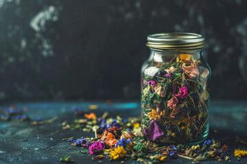 Herbs in a glass jar on the table 