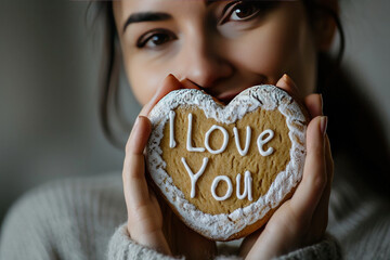 girl holding a cookie with I love you text on it, valentine's day cookie 