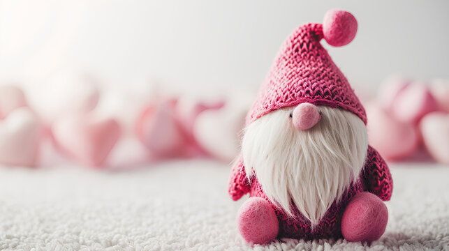 Pink Gnome. Valentines Day. Cute Gnome, Copy space for text
