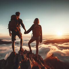 Couple of man and woman hikers hand in hand on top of a mountain at sunset. ai generative - obrazy, fototapety, plakaty