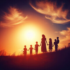 silhouette of a happy family with children on nature sun set. ai generative