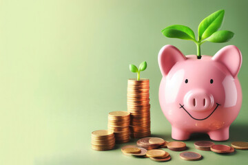 Smiling pink pig piggy bank, a stack of gold coins and a green plant growing green background. ai generative