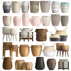 3D render of a collection of different baskets isolated on white background