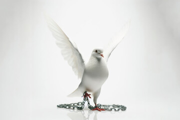 Fototapeta premium White dove chained to its paw on a white background. ai generative