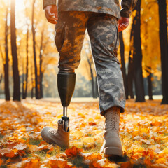 military man with prosthetic leg on autumn background. ai generative - obrazy, fototapety, plakaty