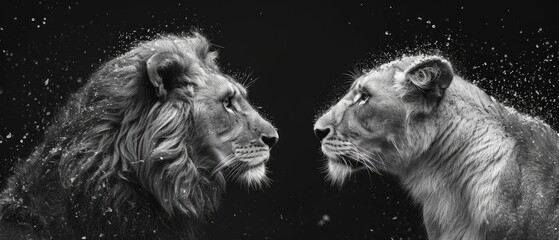 Realistic black and white photography of adorable lion couple in the savannah. - obrazy, fototapety, plakaty