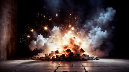 Fire  sparks explosion A dark empty street, dark blue background, an empty dark scene, light, spotlights The stone floor and studio room with smoke float up the interior texture. night view