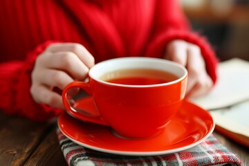 Entrepreneur hands holding aromatic teacup online work from home notebook programmer surfing browsing internet cup of green leaves tea hot steaming beverage morning comfy comfortable drinking warm