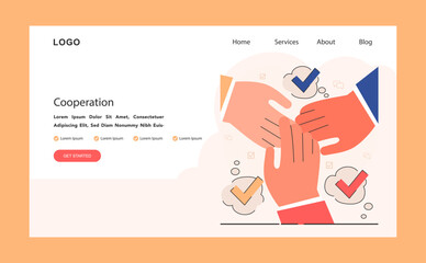 Cooperation web or landing. Hands joint or put together. Shared goals, coordination for additional business development. Idea of successful coworking. Flat vector illustration