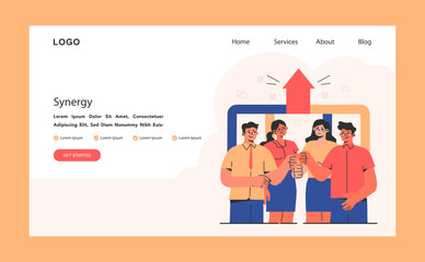 Synergy web or landing. Cooperation for additional business development. United team. Collaborative efforts. Productive partnership and coworking. Flat vector illustration.