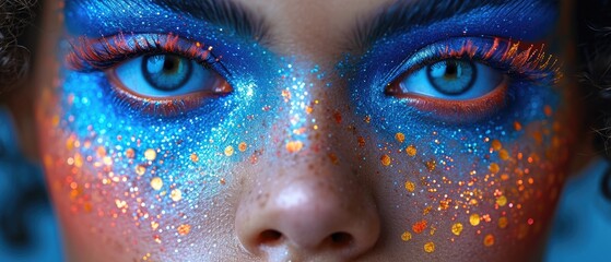 A close-up of a girl's face with vibrant, colorful makeup. Face of a person with vibrant makeup, colorful and bold makeup, focus on eyes and lips.