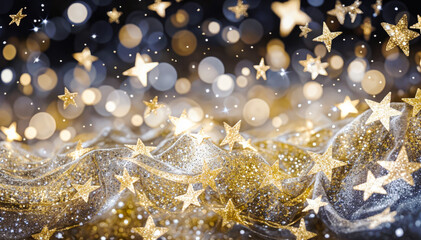 The image is a close-up of a gold and black background with stars and snow.
