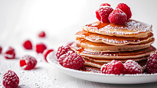 Red Pancakes with raspberries and icing sugar isolated on a white background, Valentine's Day Concept
