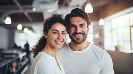 Energetic gym couple flexing muscles, looking at camera with bright colors on defocused background