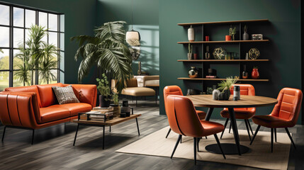 A chic modern living room featuring orange leather chairs arranged around a round dining table against a vibrant green wall.
