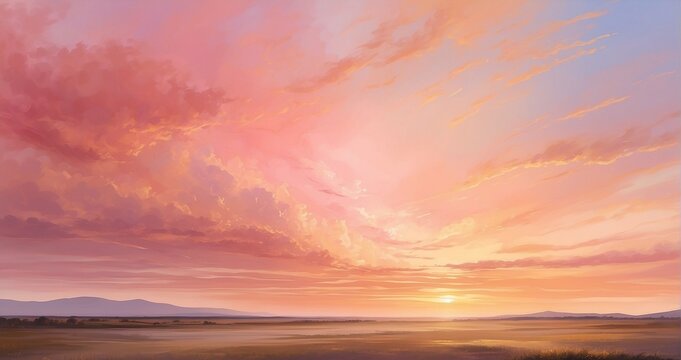 An image of a graceful sunset painting the sky with hues of pink and gold, casting a warm glow over a serene landscape - Generative AI