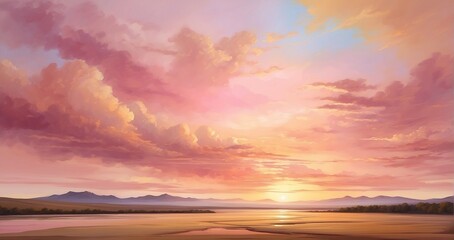 Fototapeta na wymiar An image of a graceful sunset painting the sky with hues of pink and gold, casting a warm glow over a serene landscape - Generative AI