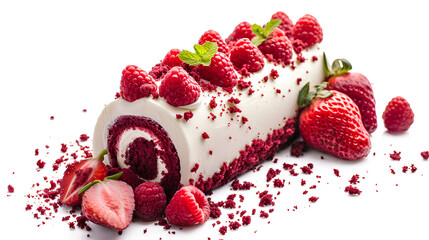 Red velvet rolled cake with fresh strawberries and cream cheese isolated on a white background, Valentine's Day Concept