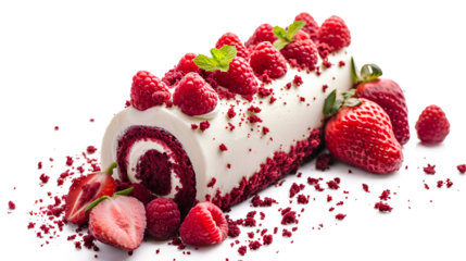 Red velvet rolled cake with fresh strawberries and cream cheese isolated on a white background, Valentine's Day Concept