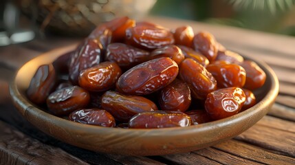 Dates fruit in a plate on a wooden table. Close up.