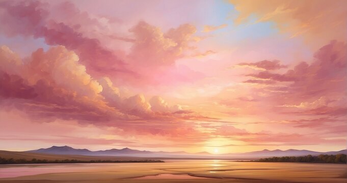 An image of a graceful sunset painting the sky with hues of pink and gold, casting a warm glow over a serene landscape - Generative AI