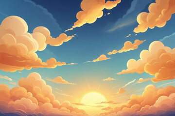 Cartoon cloudy sky background, golden sunset light