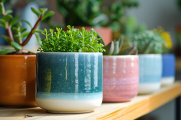 colourful pots with green succulents on the windowsill 