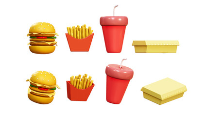3D rendering of hamburger with french fried, food box and red glass on yellow background, Design for fast food promotion