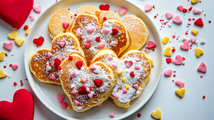 Several homemade heart-shaped pancakes covered with cream with colorful sweets on a white plate and a blank red heart isolated on white background - obrazy, fototapety, plakaty