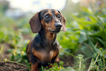 portrait of a dachshund in a green forest 