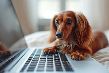 dachshund dog working on a laptop, feelance life of a dog 
