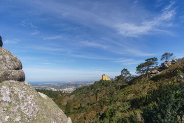 Landscape with Parque Nacional da Pena at the palace of Pena on top of a hill between forest in Sintra. Lisbon, Portugal