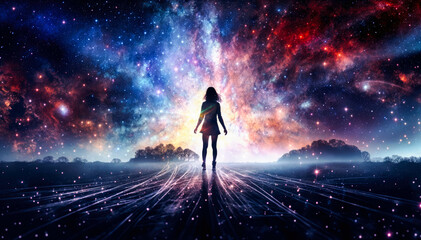 A woman stands on a path, looking at a bright doorway in a starry night.