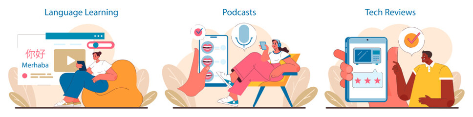 Digital Education set. Mastering new languages, enjoying podcasts, analyzing tech. Enriching minds with diverse online resources. Flat vector illustration.