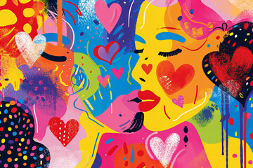 Contemporary abstract illustration . Bright colors . Rainbow . Maximalism .  Valentine's Day Concept. LGBT