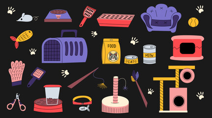 Cartoon flat stickers, accessories and equipment for cats. Food, toys, combs, collar, fish, mouse, bowls, bed. Concept for a pet shop. Hand-drawn colorful icons.