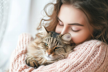 Sincere , candid portrait of a young woman hugging her pet cat. pastel colors.  Cozy atmosphere