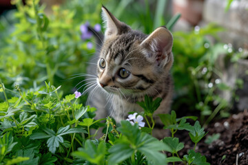 Naklejka na ściany i meble kitten exploring blooming spring garden