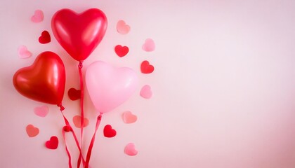 valentine s day background with red and pink hearts like balloons on pink background flat lay